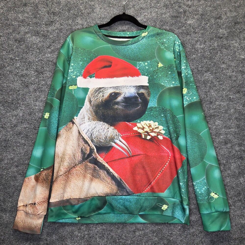 Sloth Christmas Sweatshirt Mens Large Green Holiday Red Santa Hat Ugly Sweater